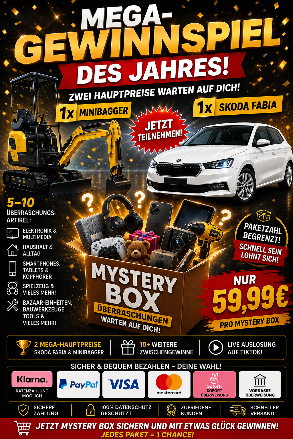 🎉 Mega-Gewinnspiel 2026 – Gewinne einen SKODA FABIA 🚗✨ oder einen Minibagger 🚧! BiLi SHOP