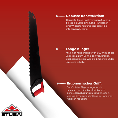 Stubai - Gasbetonsäge 800 mm - Präzises Schneiden, Robuste Bauweise, Profi-Qualität BiLi SHOP
