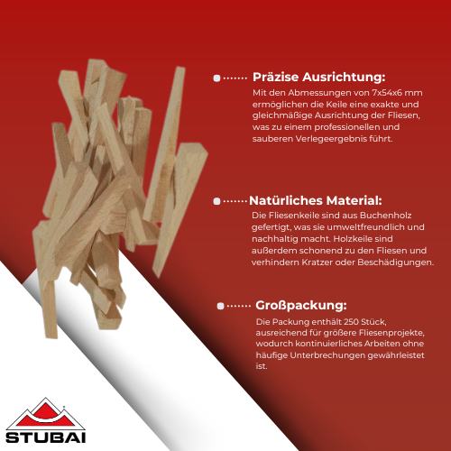 Stubai - Fliesenkeile Buchenholz 7 x 54 x 6 mm, 250 Stück - Präzise und Nachhaltige Ausrichtung für Fliesen BiLi SHOP