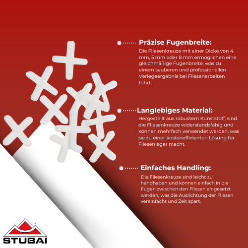 Stubai - Fliesenkreuze 4 mm, 5 mm oder 8 mm, 200 Stück - Präzise Fugenabstände für Perfekte Fliesenverlegung BiLi SHOP
