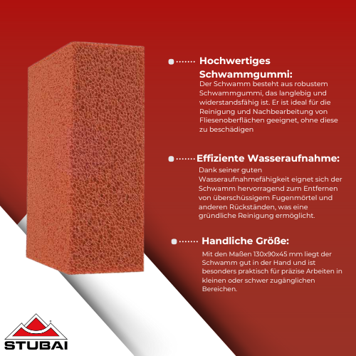 Stubai - Fliesenschwamm Orange Großporig 130 x 90 x 45 mm - Effiziente Reinigung, Hohe Saugfähigkeit BiLi SHOP