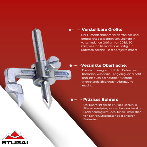 Stubai - Fliesenlochbohrer Verzinkt 20-90 mm - Präzise Bohrungen, Robuste Bauweise BiLi SHOP