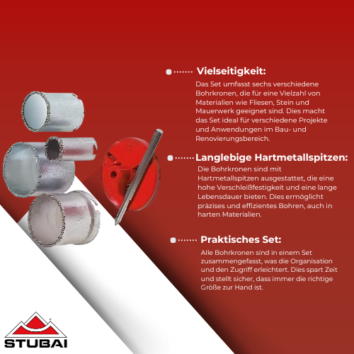 Stubai - Hartmetall-Bohrkronenset 6-tlg. - Präzise und Langlebige Bohrkronen für Fliesen und Stein BiLi SHOP