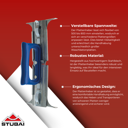 Stubai - Waschbeton-Plattenheber aus Stahlblech, Verstellbar 500-800 mm - Robuste Lösung für schwere Platten BiLi SHOP