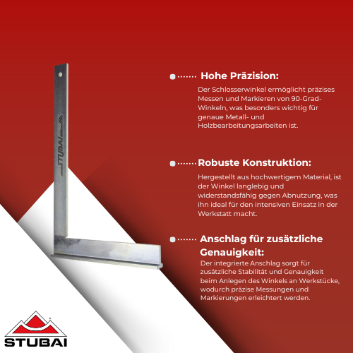 Stubai - Schlosserwinkel mit Anschlag 200 mm - Präzises Werkzeug für genaue Winkelmessungen BiLi SHOP