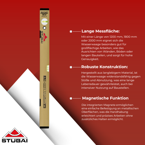 Stubai - Magnetwasserwaage 1200 mm, 1800 mm oder 2000 mm - Präzise und Robuste Wasserwaage für Profi-Anwendungen BiLi SHOP