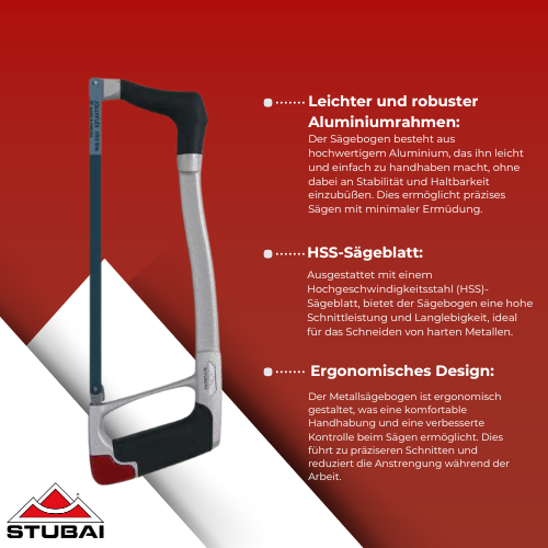 Stubai - Metallsägebogen Alu mit HSS-Blatt 300 mm - Robustes Werkzeug für präzise Metallschnitte BiLi SHOP