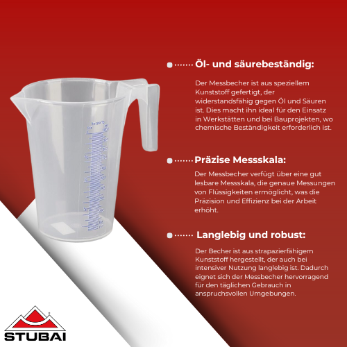 Stubai - Messbecher 1 L, Kunststoff - Öl- und Säurebeständig, Präzises Messen BiLi SHOP