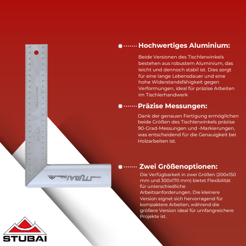 Stubai - Tischlerwinkel aus Aluminium - Verfügbar in 200x150 mm und 300x170 mm - Präzises Messwerkzeug für Holzarbeiten BiLi SHOP