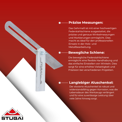 Stubai - Gehrmaß 300 mm Beweglich - Hochwertige Federstahlschiene mit Eloxiertem Aluschenkel für Präzise Messungen BiLi SHOP