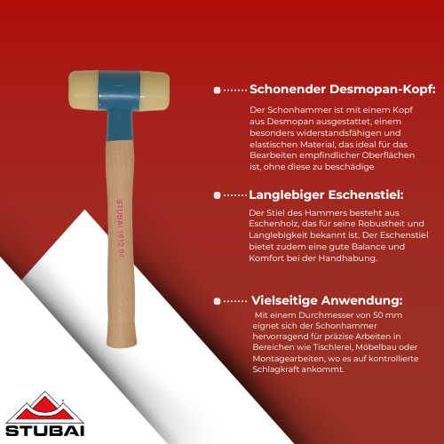 Stubai - Schonhammer Desmopan 50 mm mit Eschenstiel - Robuster und Schonender Hammer für Präzisionsarbeiten BiLi SHOP