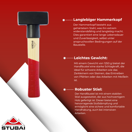 Stubai - Handfäustel 1250 g mit Stiel - Robustes Werkzeug für schwere Schlagarbeiten BiLi SHOP