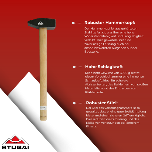 Stubai - Vorschlaghammer 6000 g - Schwerer Hammer für kraftvolle Arbeiten BiLi SHOP