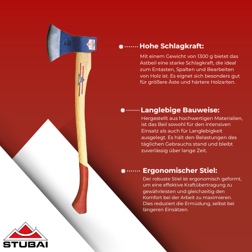 Stubai - Astbeil mit Stiel 1300 g - Schweres Beil für kraftvolle und präzise Holzarbeiten BiLi SHOP