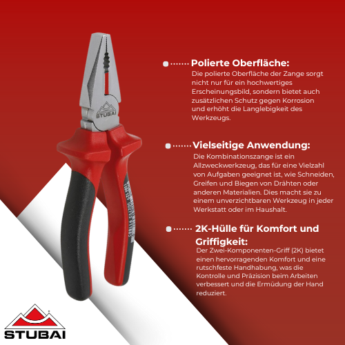 Stubai - Kombinationszange 200 mm, Poliert mit 2K-Griff - Präzises Greifen, Schneiden und Biegen BiLi SHOP