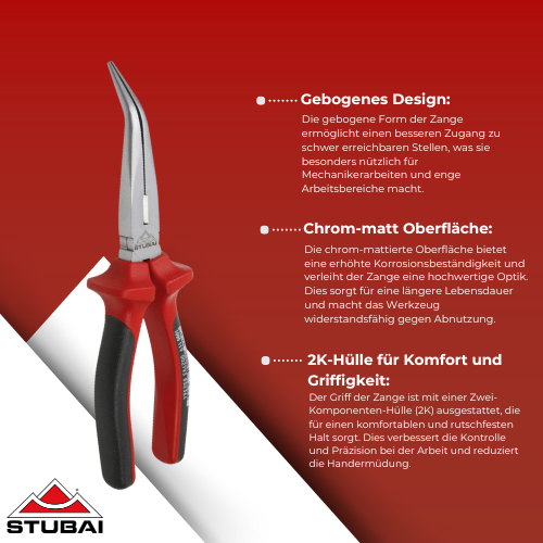 Stubai - Mechanikerzange 200 mm, Gebogen, Chrom Matt mit 2K-Hülle - Präzise und Ergonomisch für vielseitige Arbeiten BiLi SHOP