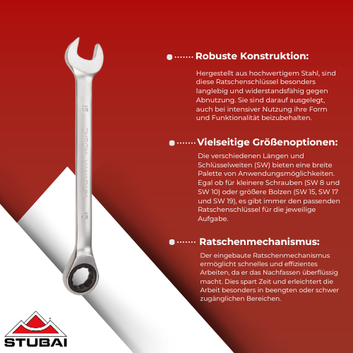 Stubai - Ratschenschlüssel in verschiedenen Größen (SW 8-19 mm) - Hochwertige Schlüssel für präzise Arbeiten BiLi SHOP