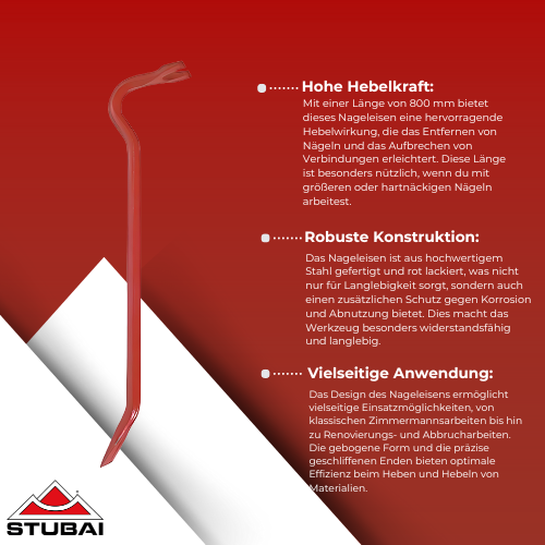 Stubai - Zimmermannsnageleisen Rot Lackiert 800 mm - Robustes Werkzeug für kraftvolle Hebelarbeiten BiLi SHOP