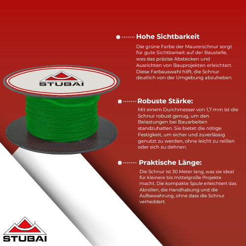Stubai - Maurerschnur auf Spule, Ø 1,7 mm, Grün, 30 m - Hochwertige Markierschnur für präzise Bauarbeiten BiLi SHOP
