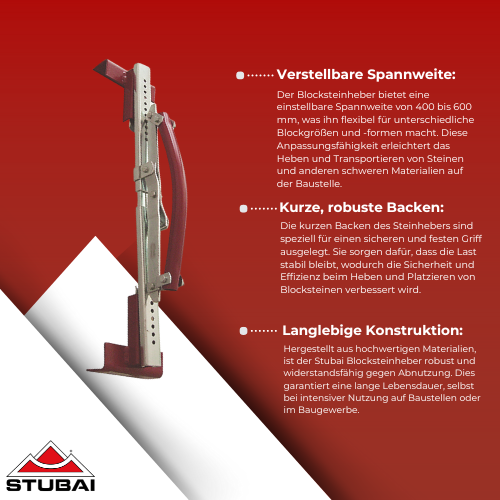 Stubai - Blocksteinheber mit Kurzen Backen 400-600 mm - Verstellbares Werkzeug für sicheren Halt BiLi SHOP
