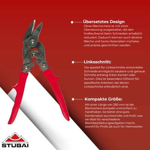 Stubai - Blechschere Kombi-Übersetzt Links, 260 mm - Präzises Schneidwerkzeug für Linksschnitte BiLi SHOP