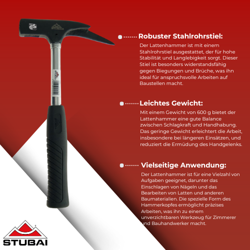 Stubai - Lattenhammer mit Stahlrohrstiel 600 g - Robuster Hammer für präzises Arbeiten BiLi SHOP