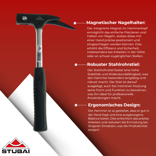 Stubai - Lattenhammer mit Stahlrohrstiel und Magnet 600 g - Präzises Werkzeug für Zimmermannsarbeiten BiLi SHOP