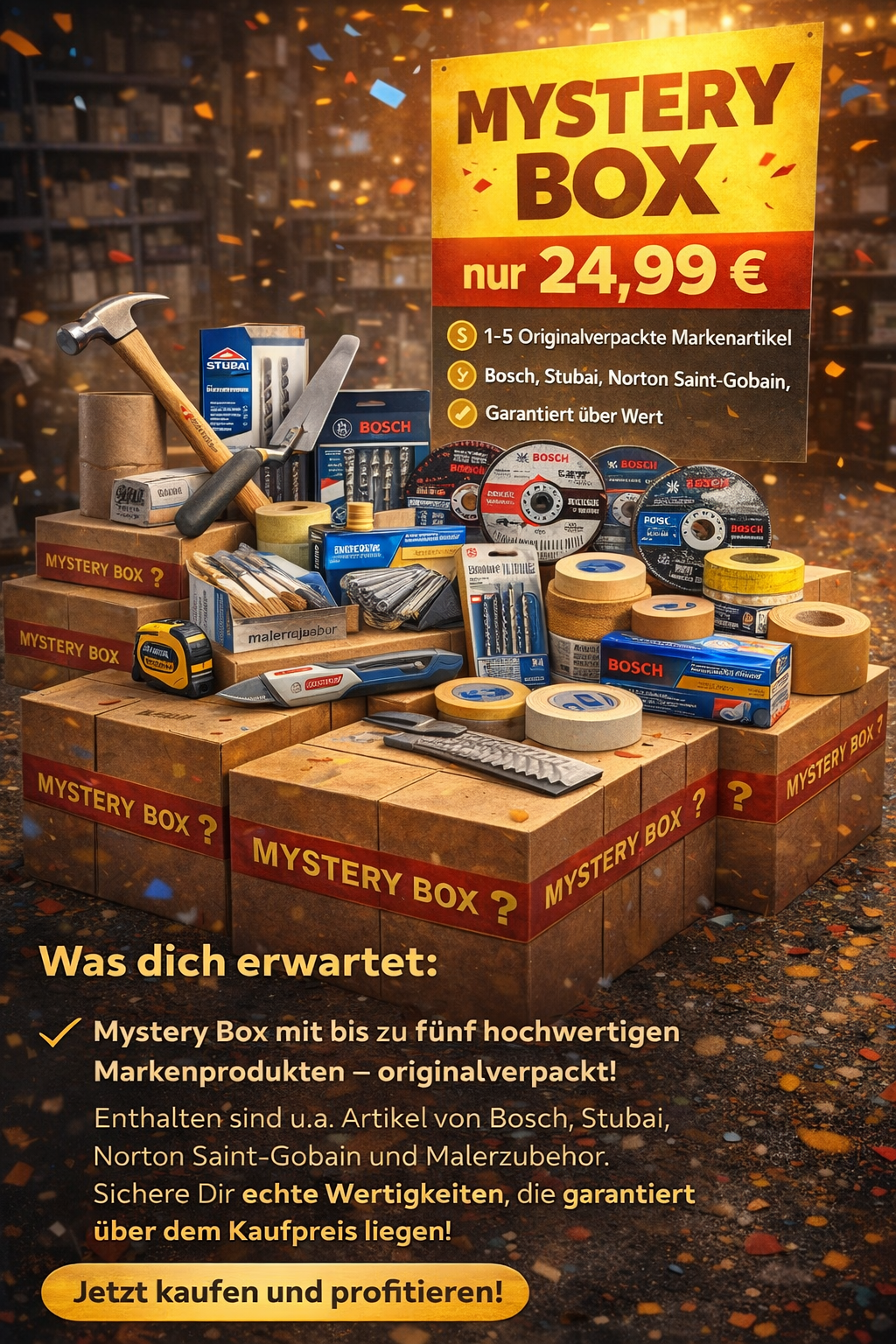 Mystery Box Werkzeuge – Markenqualität von Bosch, Stubai & Norton Saint-Gobain | 1–5 Original Produkte garantiert über Wert BiLi SHOP
